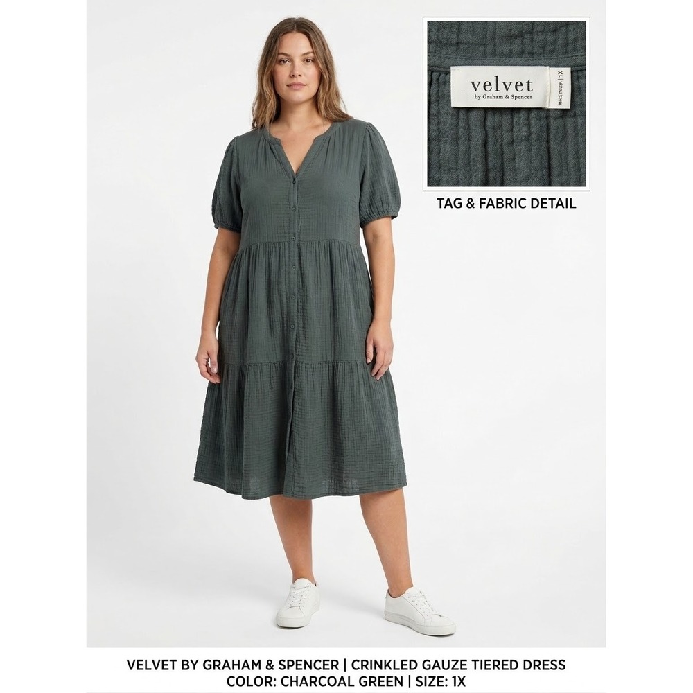 Velvet by Graham & Spencer Green 100% Cotton Gauze Tiered Puff Sleeve Dress 1X